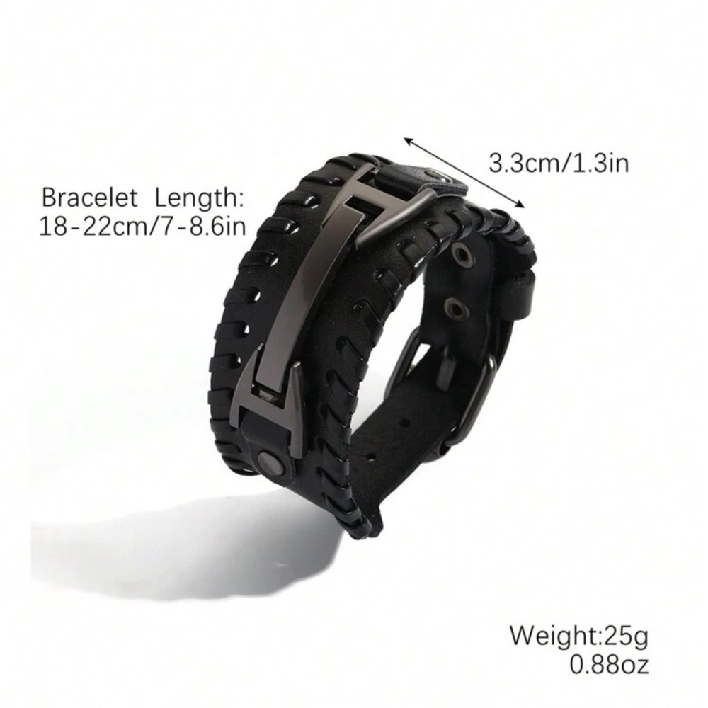 Men Black Retro Wide Leather Belt Buckle Bracelet - Picture 4 of 4